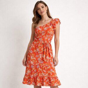 Collective Concepts Orange Floral One Shoulder Ruffle Dress Size S